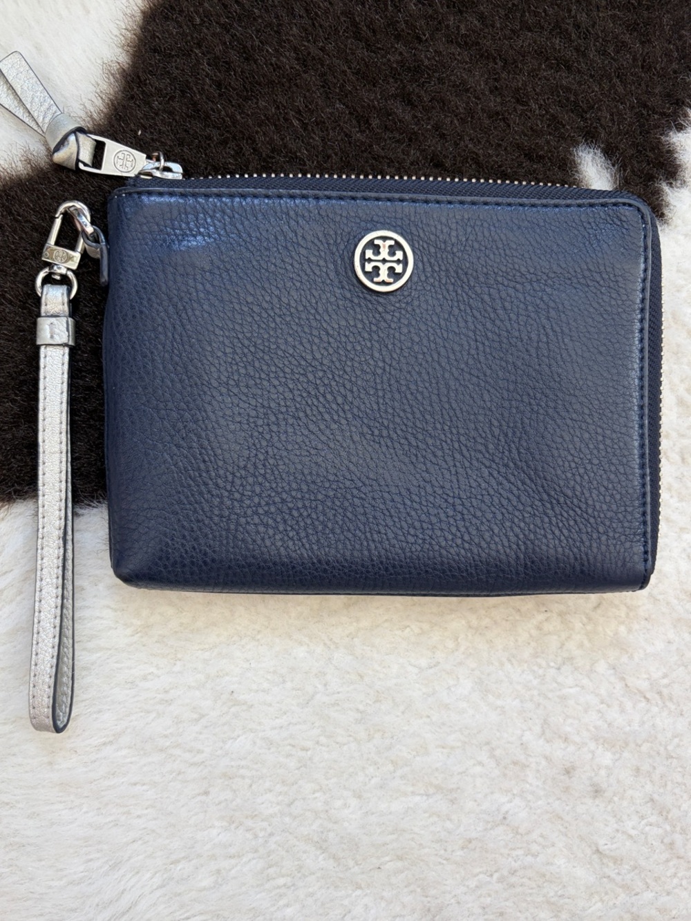 Tory Burch Navy Pebbled Leather Zip Wristlet with Silver Accents